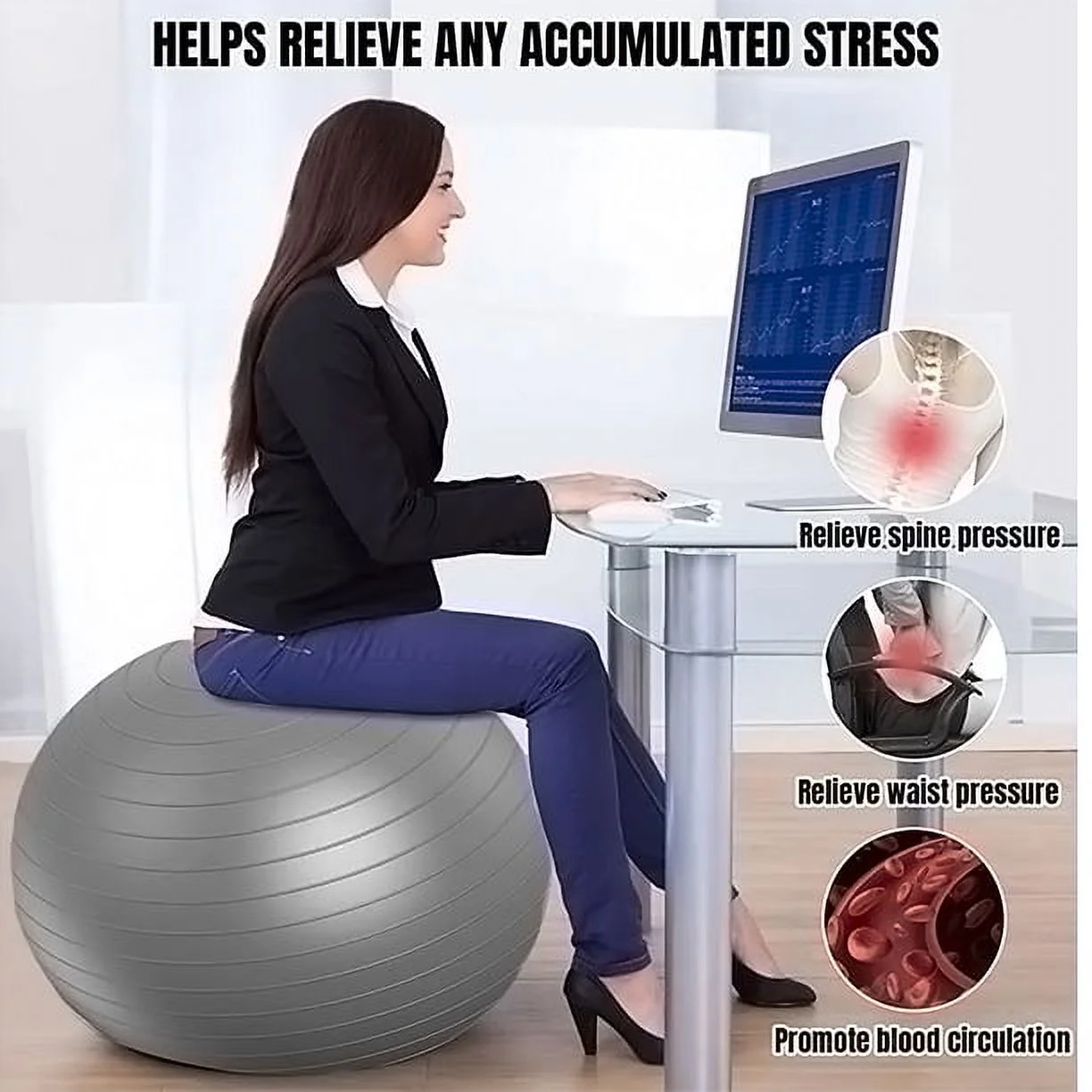 21.6 Inch Thick Yoga Ball Chair Exercise Ball - Silver - Image 2